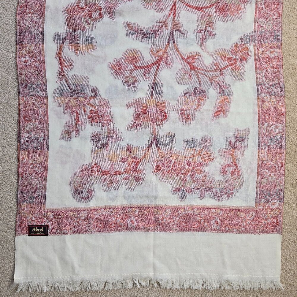 NWOT Wool Scarf Jacquard Embroidered Pink Red Flowers Abrol